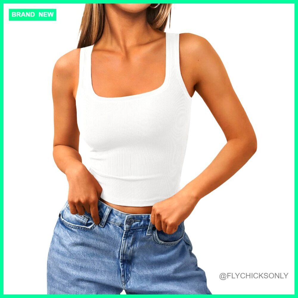 Ribbed Square Neck Crop Tank Top - Rayon Spandex Stretch Workout Casual